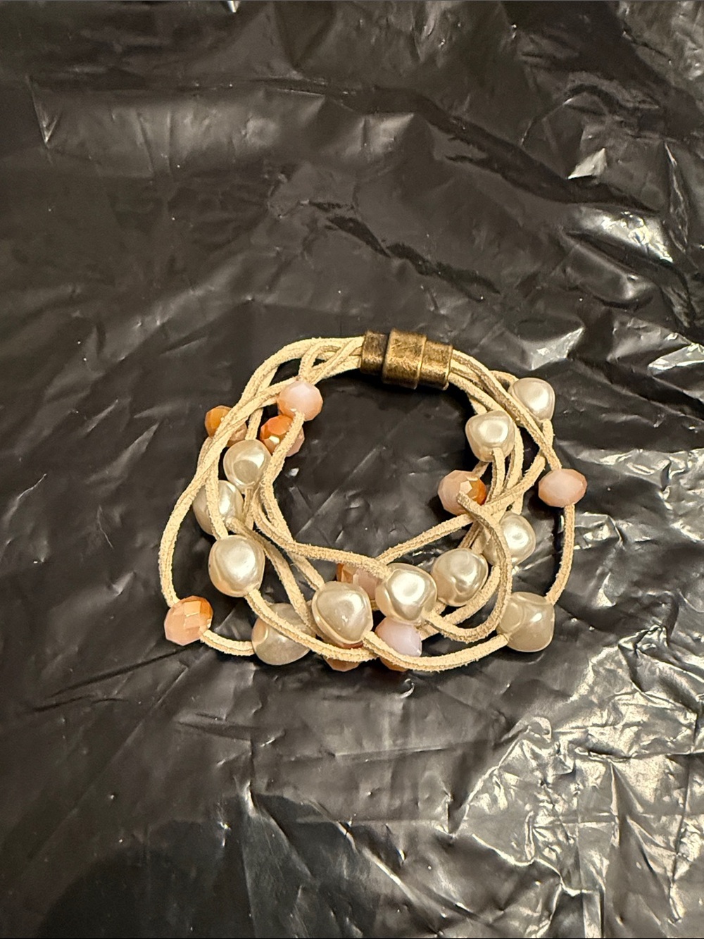 Beaded Multi-Strand Pearl Accent Bracelet - Cream and Pink